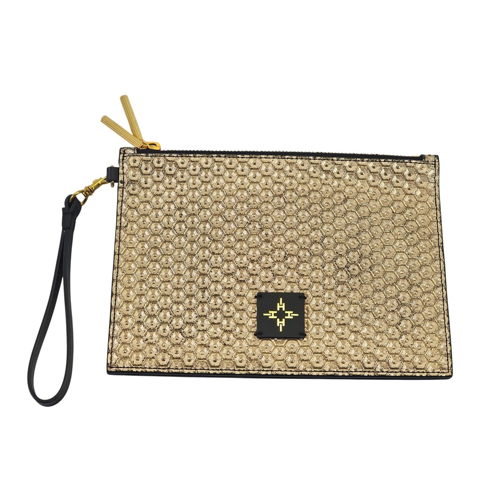 India Hicks Gold Metallic Hexagon Honeycomb Double Zip Wristlet Clutch Bag EUC